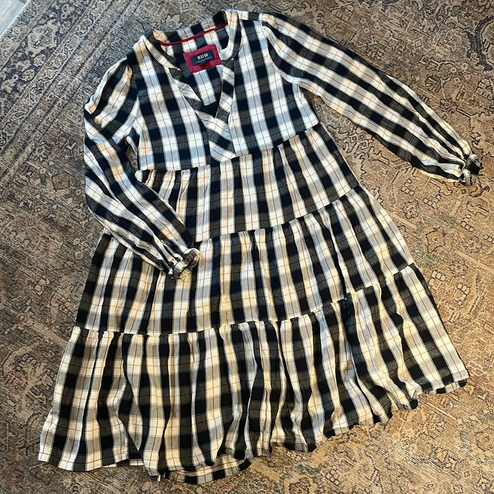 Anthropologie Maeve Amber Plaid Tiered Tunic Mini Dress Black White Women’s XS - Picture 2 of 5